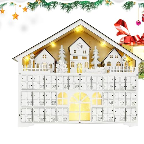 BommFu Weihnachten Holz Adventskalender Mit LED Licht | Weihnachts-Adventskalender Aus Holz Mit 24 Schubladen | Beleuchtet Weiß Holz Countdown Bis Weihnachtskalender - Countdown Kalender D-IY von BommFu