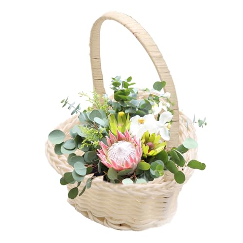 Wicker Rattan Blumenkorb Mit Griff | Weißes Blumenmädchenkorb - Klei-ner Gewebter Korb Für Hängende Dekoration Lagerung Hochzeit von BommFu