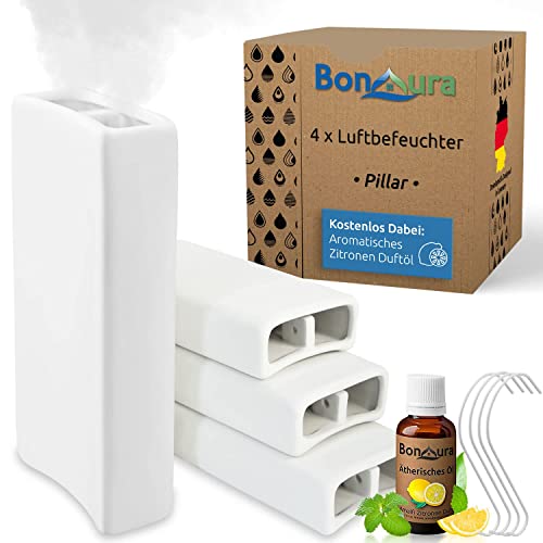 BonAura® Luftbefeuchter Heizung Keramik I Haken & Duftöl [4er Spar-Set, 400ml] I Wasserverdunster für Heizkörper mit Duft I Verdunster & Befeuchter Wasser Behälter von BonAura