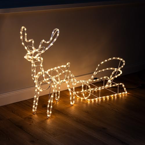 Bonetti LED Rentier mit Schlitten | 11 m Lichterschlauch | 264 Lichter | für innen und außen | warm-weiß beleuchtet | 160 x 30 x 68 cm | inkl. Metall-Heringe von Bonetti