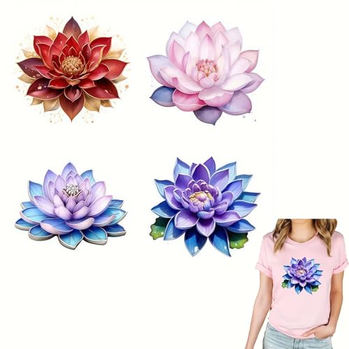 4 Stück Florale Lotusblüte Bügelbilder für T-Shirts Reiben auf Transfers Aufkleber Vinyl Fertig zum Drücken Aufkleber zum Aufbügeln für T-Shirts Kleidung Hoodie DIY Handwerk von Bonfage