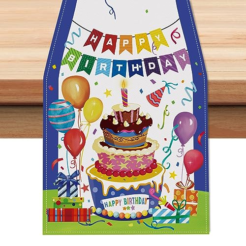 Bonhause Tischläufer Happy Birthday Tischläufer Kuchen Geburtstag Bunt Küche Esstisch Dekoration für Drinnen Draußen Urlaub Party Geburtstag Party Waschbar Wohnkultur Tafeltuch (33 x 183 cm) von Bonhause