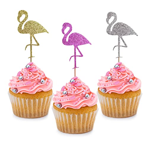 24 Stück Glitzer Gold Pink Silber Flamingo Cupcake Topper für Geburtstag Party Verlobung Braut Hochzeit Babyparty Jahrestag Party Kuchen Dessert Dekorationen Zubehör Picks von BoningNEW