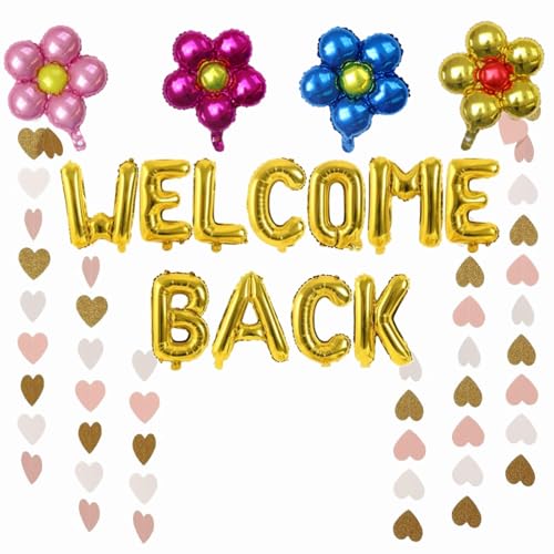 BoningNEW 1 Set goldene Luftballons mit Aufschrift "Welcome Back", Banner für den Schulanfang, Partyzubehör mit Blumenballons, Liebesbanner, Schulanfang, Klassenzimmer, Hochzeit, Haus, von BoningNEW