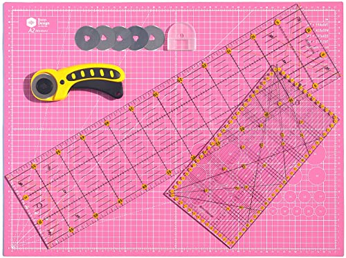 45 mm Rollschneider Stoffschneider Set inkl. selbstheilende Schneideunterlage A2 60x45cm 5-Lagig + 5x Ersatzklingen + 2x Patchwork-Lineal Premium Schneidematte im A2-Format Rosa/Schwarz Starter Set von Bonn-Design