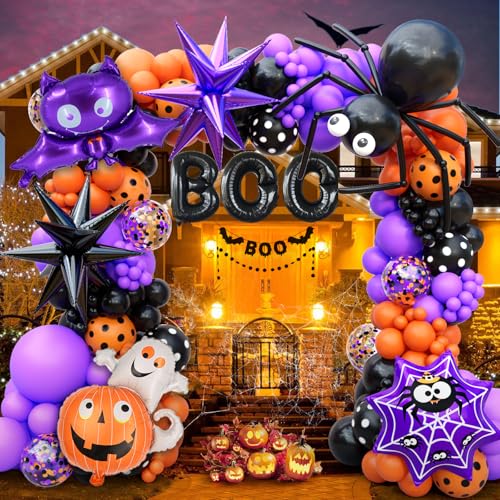 157 Stück Halloween Ballon Girlande Bogen Kit Augenballons mit Spinne, Fledermaus Geist Kürbis Spinnennetz Boo Schwarz Lila Stern Folienballons Lila Orange und Schwarz Luftballons für Halloween Party von Bonropin