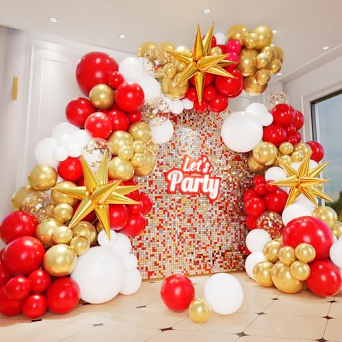 Bonropin 161pcs Rot Gold und Weiß Luftballons Girlande Bogen Kit - 5/10/12/18 Zoll Rot Gold Weiß Ballons Explosion Stern Ballons für Valentinstag Geburtstag Verlobung Jahrestag Party Dekoration von Bonropin