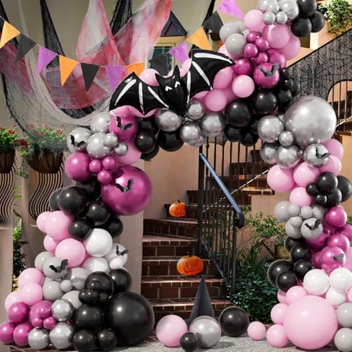 Bonropin 178pcs Rosa Halloween Ballon Girlande Bogen Kit mit Schwarz Rosa Silber Luftballons Geist Fledermaus Folienballons 3D Fledermaus Aufkleber für Mädchen Rosa Halloween Dekoration Geburtstag von Bonropin