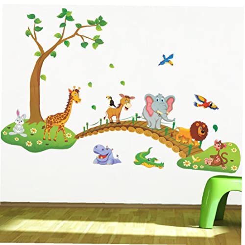 Bontannd 1 Stück Cartoon Dschungel Wild Tier Baum Brücke Giraffe Elefant Vögel Blumen Wandaufkleber Kinderzimmer Wohnzimmer Wohnkultur von Bontannd