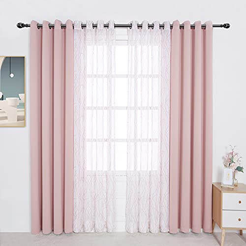 BONZER Mix and Match Vorhänge – 2 Stück Zweig Print Sheer Vorhänge und 2 Stück Verdunkelungsvorhänge für Schlafzimmer Wohnzimmer Ösen Fenster Vorhänge, 137 x 160 cm/Panel, Blush, Set mit 4 Paneelen von Bonzer