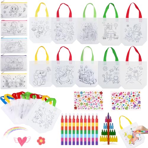 22 Stück Stoffbeutel zum Bemalen für Kinder, Taschen zum Bemalen für Kinder,Stoffbeutel zum Bemalen Kindergeburtstag mit 10 Stk Wachsmalstifte und 2 Diamantaufkleber für Kindergeburtstag Gastgeschenke von Booaee