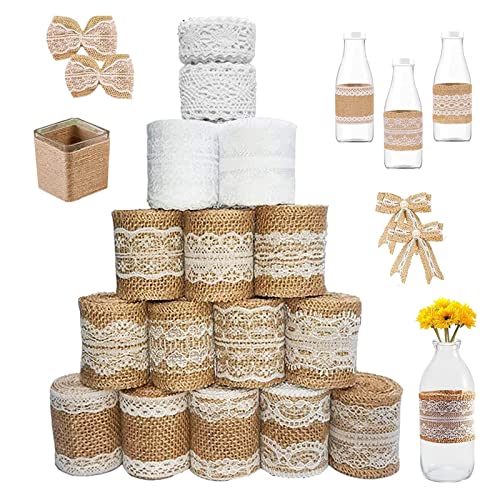 16 Roll Juteband Spitzenband(12 Rollen Juteband mit Spitze + 4 Rollen Spitzenband weiß Vintag), Bastelband, Natürliche Jute Bänder für Geschenkverpackung Hochzeit DIY Basteln von Booaee