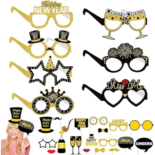 Silvester Deko 2025,27 PCS Frohes Neues Jahr Brillen 2025 Set,2025 Happy New Year Glasses Decorations Neujahr Party Brillen,Neuheit Silvester Photo Brillen Mitbringsel für 2025 Silvester Party Liefert von Booaee