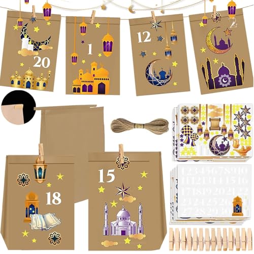 Eid Mubarak Geschenktüten,30 Stück Eid Mubarak Papiertüten Tüten Dekoration,Ramadan Tüten Zum Befüllen,DIY Ramadan Candy Tasche für Islamischen Muslim Eid Party mit 36 Clips,Aufkleber,2mm * 10m Schnur von Booaee