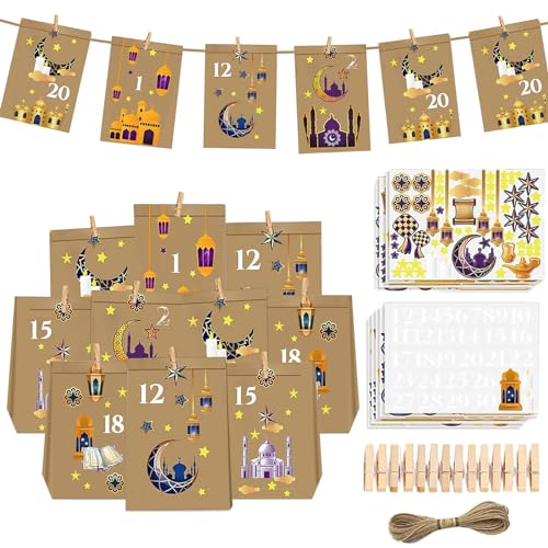 Ramadan Kalender zum Befüllen-Eid Mubarak tüten, 30 Stück Eid Mubarak Geschenktüten, DIY Ramadan Tüten Zum Befüllen Deko Candy Tasche für Islamischen Muslim Eid Party mit 36 Clips,Sticker,10m Juteseil von Booaee