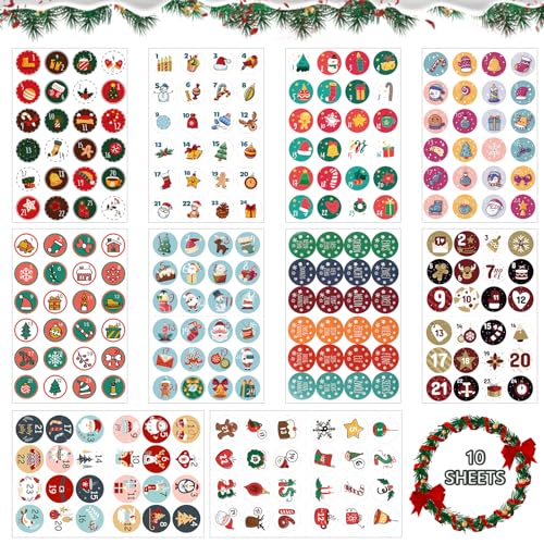 Aufkleber Weihnachten, 10 x 24 Weihnachtssticker Aufkleber Set,Weihnachtskalender Zahlenaufkleber Zahlen Aufkleber Sticker 1-24 Für Kalender zum Selber Basteln für Weihnachten,Nummern Papiertüten von Booaee