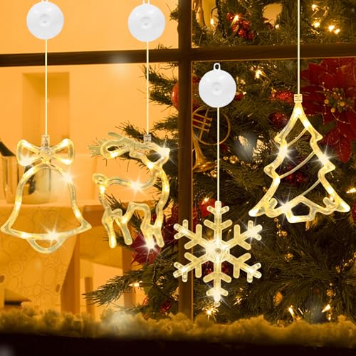 Booaee LED Fensterdeko Weihnachten 4 Stück Weihnachtsbeleuchtung,Saugnapf Weihnachten Lichter Schneeflocke,Weihnachtsbaum,Elch,Glocken,Weihnachtlichen Lichterketten Warmweißes Licht Innen Außen Deko von Booaee