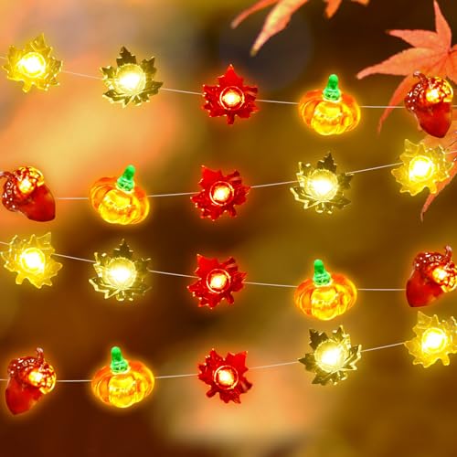 Herbstdeko Lichterkette, 3D Herbst Ahornblatt Lichterketten mit Kürbis Eichel, 300cm 30 LED Ahornblätter Lichterketten, LED Herbst Deko Perfekte Outdoor Indoor Dekoration für Halloween Erntedankfest von Booaee