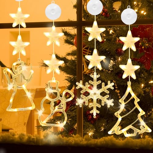 Booaee Weihnachtsbeleuchtung,4 LED Fensterdeko Weihnachten Saugnapf Weihnachten Lichter Schneeflocken, Schneemann,Engel Weihnachtsbaum Weihnachtlichen Lichterketten Warmweißes Licht Innen Außen Deko von Booaee