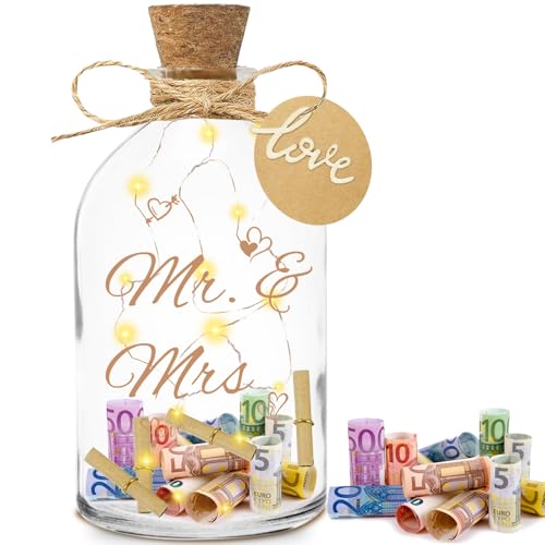 LED Flaschenlicht Hochzeit,Geldgeschenke Hochzeit Verpackungen,LED Flaschenlicht mit Spruch-Mr. & Mrs.,Beleuchtete Flasche mit Korken,Valentinstag Romantisch Deko für Brautpaar Frisch Verliebte von Booaee