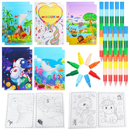 Malbücher für Kinder,10 Mini Malbücher Kinder+10 Wachsmalstifte Stapelbar (8 Farben in 1) DIY Kunst Malen Büchlein Malbuch Buntstifte Kinder ab 3 4 5 6 Kleine Geschenke Mitgebsel Kindergeburtstag von Booaee