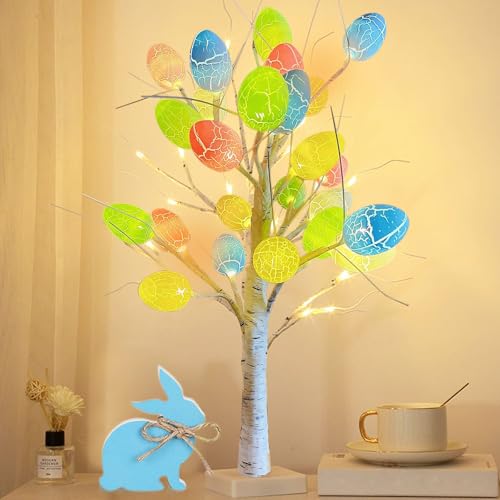 Osterdeko,60cm Osterbaum Osterdeko Eier Lichterketten Warmweiß LEDs Baum mit 12 Eier Ostern Tischdekoration Lichterbaum Ostern Lichterkette Osterdekoration Leuchtbaum für Innendeko Ostern Party von Booaee