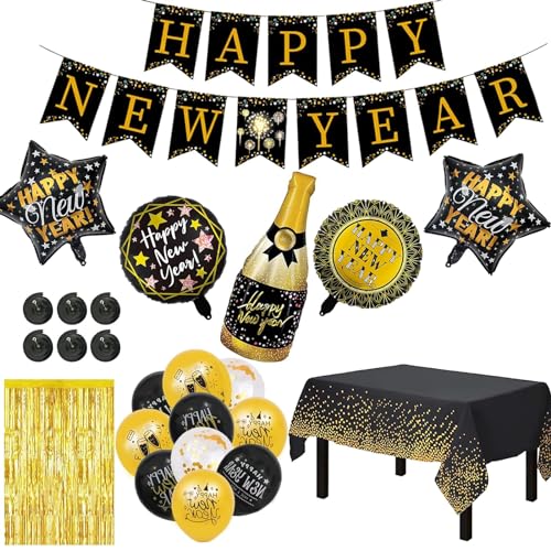 Silvester Deko 2025 Set, Happy New Year Deko 2025 Deko Silvester Party 2025 Silvesterdeko Decoration Girlande, Black Gold Deko Silvester Party Dekoration, Neujahrsdeko Accessoire für Silvesterparty von Booaee