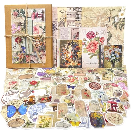 100PCS Vintage Scrapbooking Sticker Papier Journaling Zubehör Set Blumen Pflanzen Bastelpapier Retro Scrapbook Aufkleber Washi Sticker für Fotoalbum Journal Tagebuch Kalender Planner Notizbuch von BoomTeck