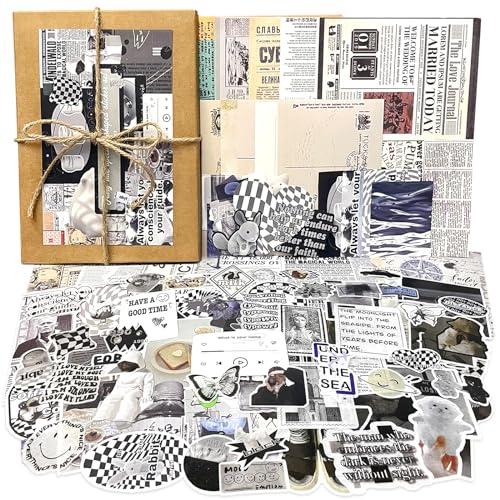 100Pcs Vintage Scrapbooking Sticker Set Schwarz Weiß Bastelpapier Washi Aufkleber DIY Journaling Zubehör Deko Retro Sticker Aesthetic Scrapbooking Papier für Fotoalbum Tagebuch Notizbuch Sammelalbum von BoomTeck