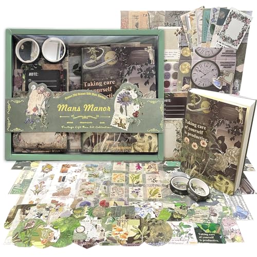 368PCS Vintage Scrapbook Zubehör Set Ästhetische Bullet Journal Kit mit A6 Raster Notizbuch Journaling Scrapbook Stickers Reise Retro Papier Aufkleber Dekoration DIY Geschenk für Mädchen Damen (Grün) von BoomTeck