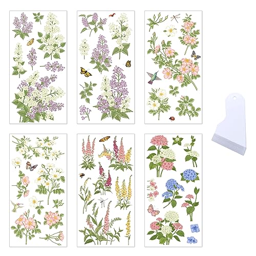 6 Blatt Rub On Transfer Aufkleber Blumen Aufkleber Pflanzen Blätter Schmetterling Vogel Wildblumen Vintage Küche Deko Ästhetische Transfer Sticker für Möbel Fenster Flasche Laptop Scrapbooking von BoomTeck