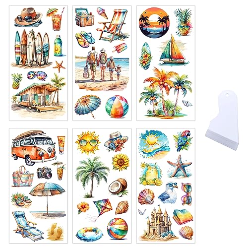 6 Blatt Rub On Transfer Aufkleber Sommer Urlaub Aufkleber Strand Ozean Tropisch Reise Ästhetische Transfer Sticker Deko für Möbel Glas Holz Fenster Skateboard Auto Wasserflasche Scrapbook Karte von BoomTeck