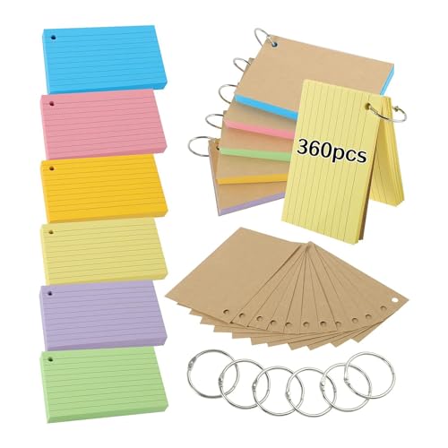 Booso 600 Stück mehrfarbige Karteikarten, Revisionskarten mit 6 Ringen, Lernkarten, Papier, Kraftpapier, liniert, Karteikarten von Booso