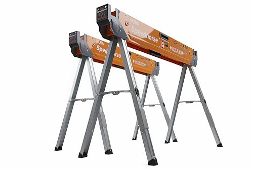 Bora Portamate Speedhorse Sägebock-Paar, 2 Stück, Tischständer mit klappbaren Beinen, Metallplatte für 2x4, robustes Pro Banksägenpferd für Holzbearbeitung, Tischler, Bauunternehmer, PM-4500T von BORA