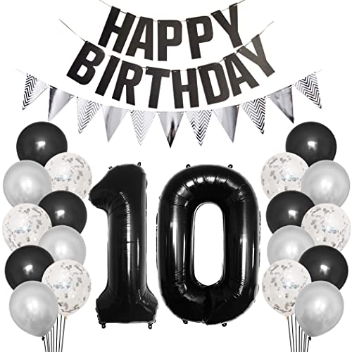 Borsgye 10. Geburtstag Deko Set 10 Jahr Geburtstagsdeko Ballon Männer Junge Frauen Schwarz Happy Birthday Banner Silber Glitzernder Dreiecks Banner Konfetti Luftballons Schwarz Folienballon Zahl 10 von Borsgye