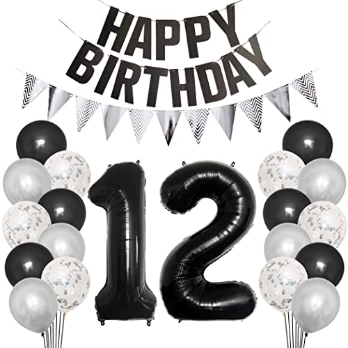 Borsgye 12. Geburtstag Deko Set 12 Jahr Geburtstagsdeko Ballon Männer Junge Frauen Schwarz Happy Birthday Banner Silber Glitzernder Dreiecks Banner Konfetti Luftballons Schwarz Folienballon Zahl 12 von Borsgye