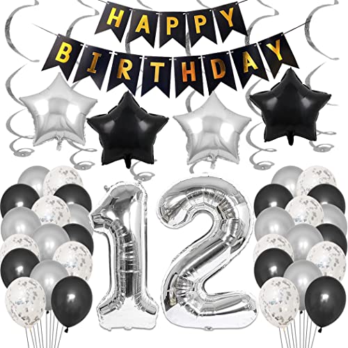 Borsgye 12. Geburtstag Dekoration Set 12 Jahr Geburtstagsdeko Ballon Männer Junge Frauen Schwarz Happy Birthday Banner Folie Sterne Luftballons Konfetti Luftballons Silber Folienballon Zahll 12 von Borsgye