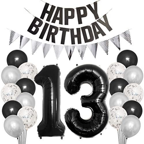 Borsgye 13. Geburtstag Deko Set 13 Jahr Geburtstagsdeko Ballon Männer Junge Frauen Schwarz Happy Birthday Banner Silber Glitzernder Dreiecks Banner Konfetti Luftballons Schwarz Folienballon Zahl 13 von Borsgye