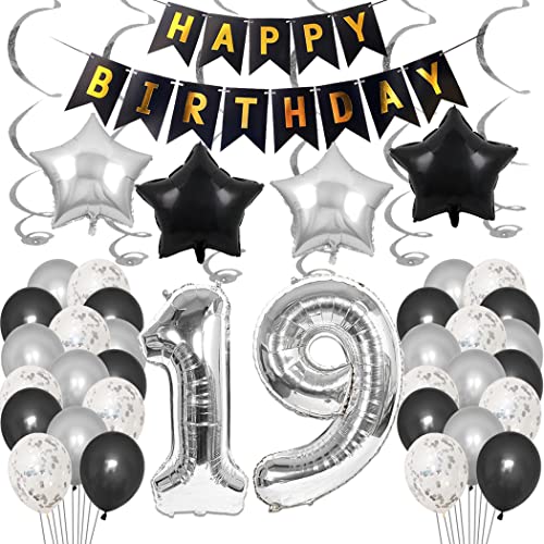 Borsgye 19. Geburtstag Dekoration Set 19 Jahr Geburtstagsdeko Ballon Männer Junge Frauen Schwarz Happy Birthday Banner Folie Sterne Luftballons Konfetti Luftballons Silber Folienballon Zahl 19 von Borsgye