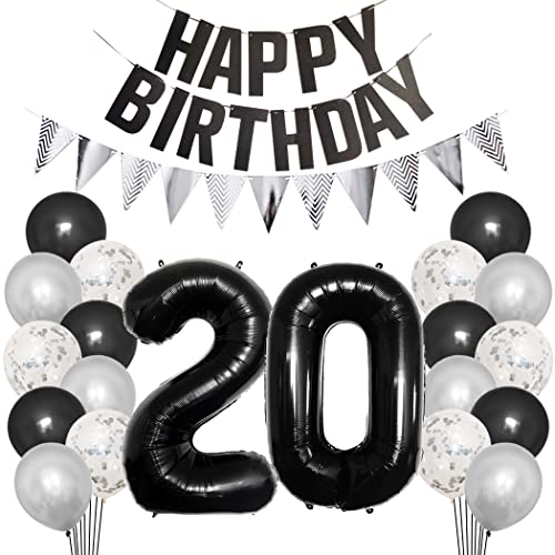 Borsgye 20. Geburtstag Deko Set 20 Jahr Geburtstagsdeko Ballon Männer Junge Frauen Schwarz Happy Birthday Banner Silber Glitzernder Dreiecks Banner Konfetti Luftballons Schwarz Folienballon Zahl 20 von Borsgye