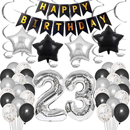 Borsgye 23. Geburtstag Dekoration Set 23 Jahr Geburtstagsdeko Ballon Männer Junge Frauen Schwarz Happy Birthday Banner Folie Sterne Luftballons Konfetti Luftballons Silber Folienballon Zahl 23 von Borsgye