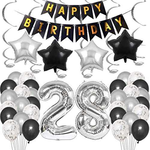 Borsgye 28. Geburtstag Dekoration Set 28 Jahr Geburtstagsdeko Ballon Männer Junge Frauen Schwarz Happy Birthday Banner Folie Sterne Luftballons Konfetti Luftballons Silber Folienballon Zahl 28 von Borsgye