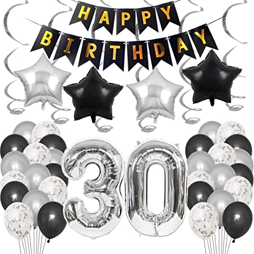 Borsgye 30. Geburtstag Dekoration Set 30 Jahr Geburtstagsdeko Ballon Männer Junge Frauen Schwarz Happy Birthday Banner Folie Sterne Luftballons Konfetti Luftballons Silber Folienballon Zahl 30 von Borsgye