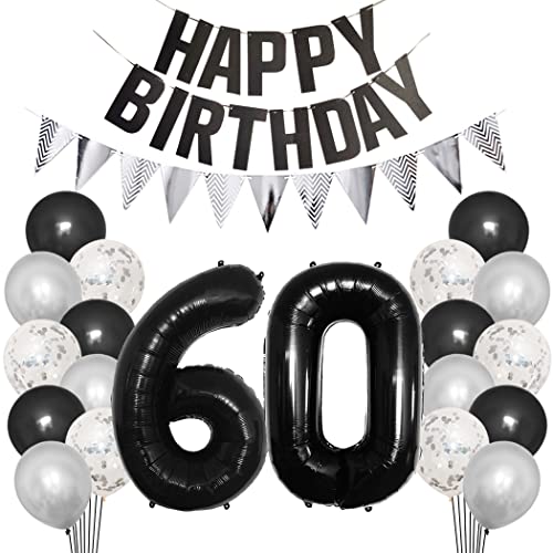 Borsgye 60. Geburtstag Deko Set 60 Jahr Geburtstagsdeko Ballon Männer Junge Frauen Schwarz Happy Birthday Banner Silber Glitzernder Dreiecks Banner Konfetti Luftballons Schwarz Folienballon Zahl 60 von Borsgye