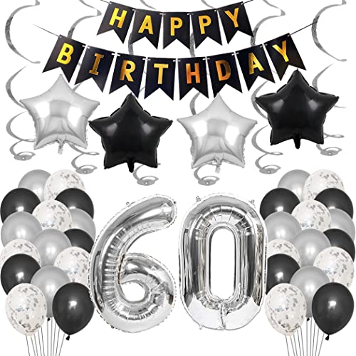 Borsgye 60. Geburtstag Dekoration Set 60 Jahr Geburtstagsdeko Ballon Männer Junge Frauen Schwarz Happy Birthday Banner Folie Sterne Luftballons Konfetti Luftballons Silber Folienballon Zahl60 von Borsgye