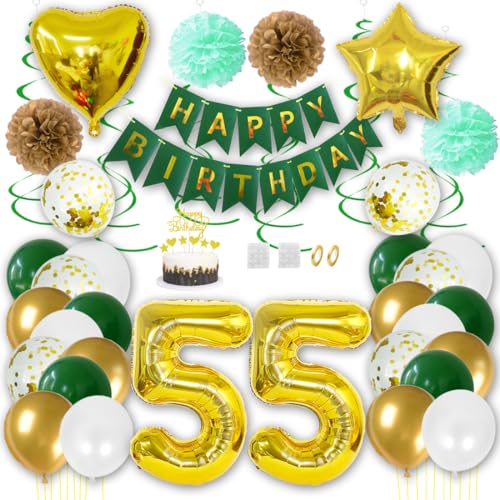 Borsgye Geburtstag Deko Männer Frauen Grün Gold Geburtstagsdeko Mädchen Junge Happy Birthday Banner 55 Jahre Geburtstag Nummer Folienballons Pompons Konfetti Luftballons Pompons Tortenaufsatz von Borsgye