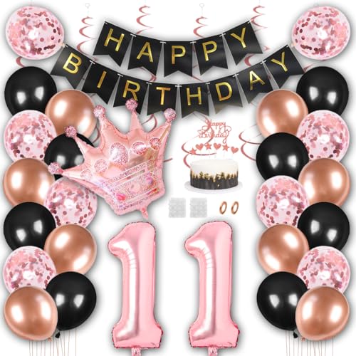 Borsgye Geburtstag Deko Männer Frauen Schwarz Rose Gold Geburtstagsdeko Mädchen Junge Happy Birthday Banner 11 Jahre Geburtstag Nummer Folienballons Krone Konfetti Luftballons Tortenaufsatz von Borsgye