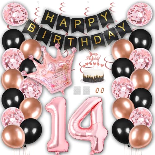 Borsgye Geburtstag Deko Männer Frauen Schwarz Rose Gold Geburtstagsdeko Mädchen Junge Happy Birthday Banner 14 Jahre Geburtstag Nummer Folienballons Krone Konfetti Luftballons Tortenaufsatz von Borsgye