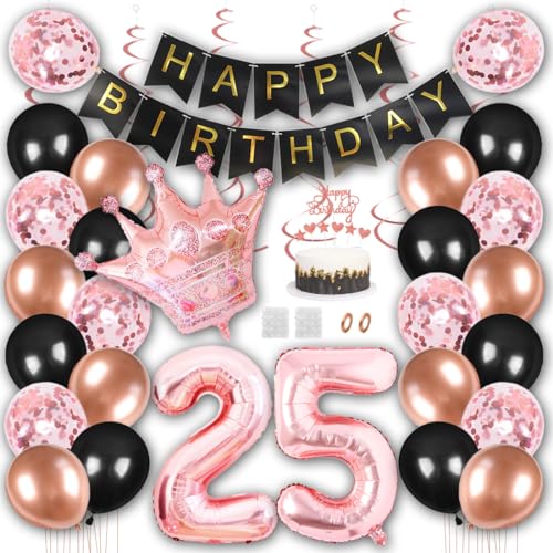 Borsgye Geburtstag Deko Männer Frauen Schwarz Rose Gold Geburtstagsdeko Mädchen Junge Happy Birthday Banner 25 Jahre Geburtstag Nummer Folienballons Krone Konfetti Luftballons Tortenaufsatz von Borsgye