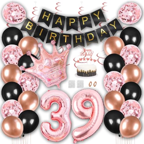 Borsgye Geburtstag Deko Männer Frauen Schwarz Rose Gold Geburtstagsdeko Mädchen Junge Happy Birthday Banner 39 Jahre Geburtstag Nummer Folienballons Krone Konfetti Luftballons Tortenaufsatz von Borsgye